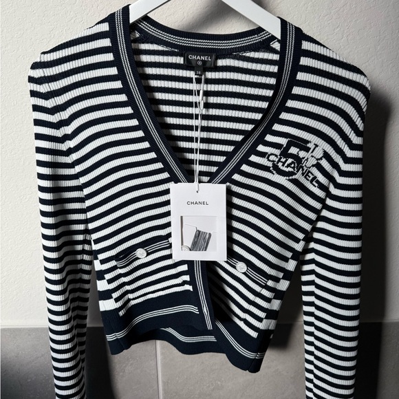 CHANEL Sweaters - Chanel23C striped cardigan, Fr38, black white